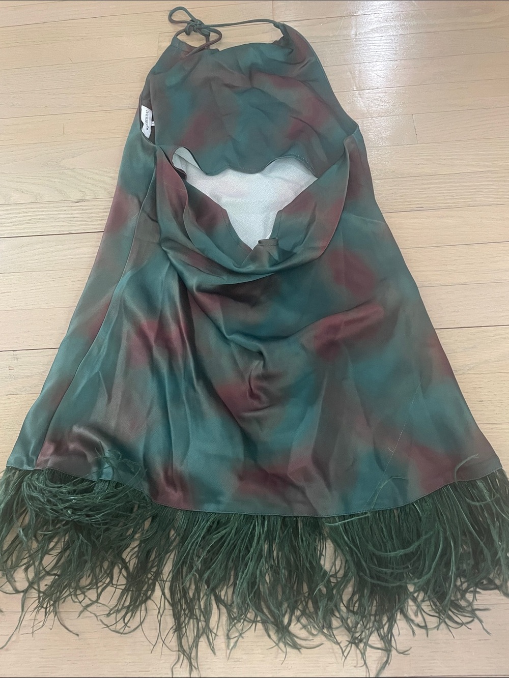 WeWoreWhat Green and Burgundy Tie-Dye Feather Hem Mini Dress - Picture 2 of 3